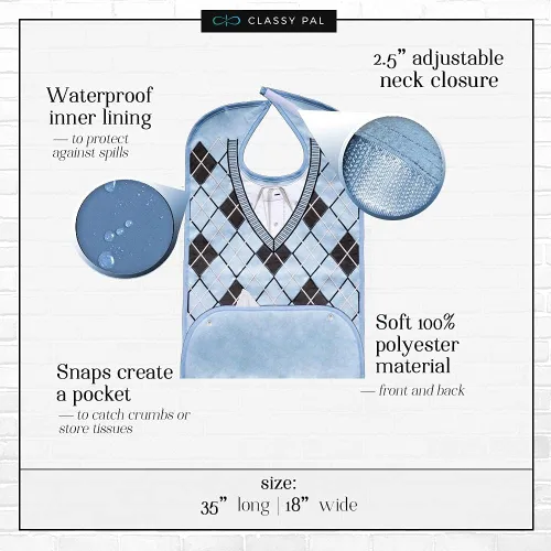 Vista 4 de Baberos para adultos lavables para hombre, protectores de ropa para comer, babero de tela de rizo para adultos mayores, diseño bordado, impermeable