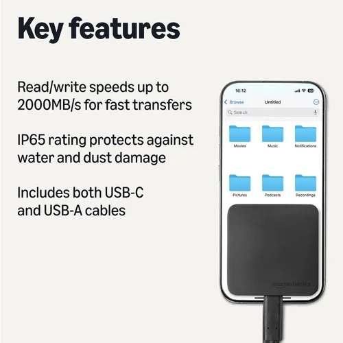 Vista 2 de Amazon Basics SSD externo portátil, 1 TB, velocidades de 2000 MB/s, USB 3.2 Gen 2, IP65 resistente al agua y al polvo, negro
