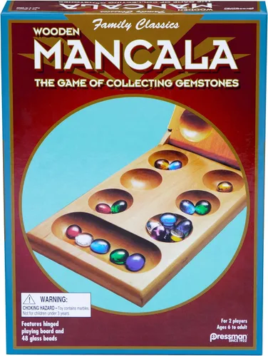 Vista 2 de Pressman Juego de Mesa Mancala Divertido juego clásico para adultos y niños Incluye 48 piedras de Mancala de vidrio y tablero de juego de madera
