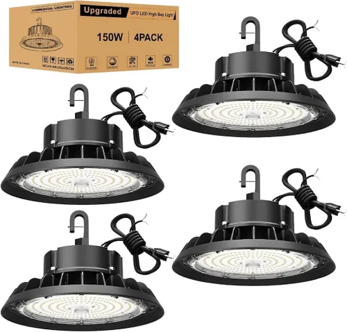 Vista 20 de UFO - Luz LED de alta bahía de 100 W, luces LED de alta bahía de 14,000LM, 0-10 V, regulable, cable de 6 pies con enchufe estadounidense, gancho
