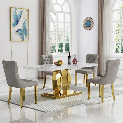Vista 19 de Juego de 5 mesas de comedor de mármol sintético, juego de mesa de cocina y comedor para 4, mesa de comedor rectangular blanca de 70 pulgadas