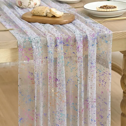 Vista 29 de Artoid Mode Camino de mesa de gasa color beige dorado de 120 pulgadas, 10 pies, lámina metálica con purpurina transparente para comedor, boda