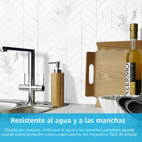 Vista 3 de STICKGOO 1 hoja de azulejos de espiga para despegar y pegar, PVC de mármol blanco para salpicaderos, azulejos de pared autoadhesivos para cocina