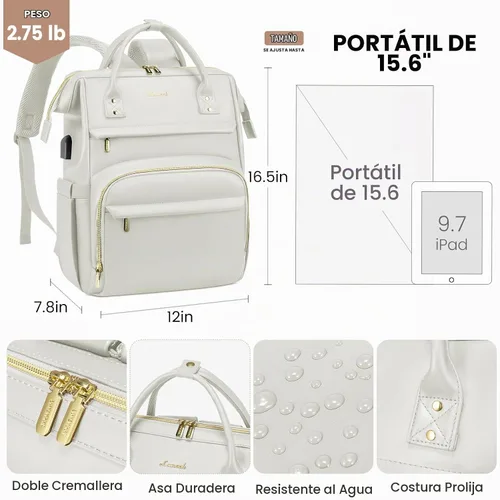 Vista 4 de LOVEVOOK - Mochila para laptop para mujer, mochila de moda para mujer.., Blanco beige, 15,6 pulg.
