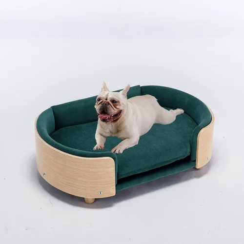 Vista 11 de CuisinSmart Sofá para perro, camas para perros con cojín extraíble, sofá para mascotas con patas de madera maciza y respaldo de madera doblada, sofá