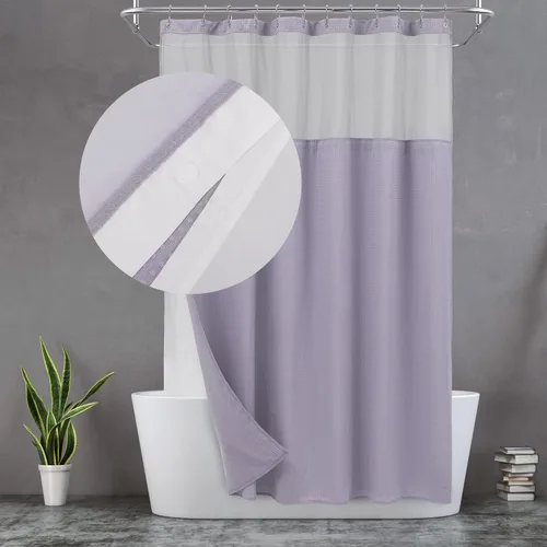 Vista 21 de N&Y HOME - Juego de cortina de ducha de punto gofre, forro de tela a presión y ganchos, para ducha pequeña, estilo hotel, ventana superior de malla