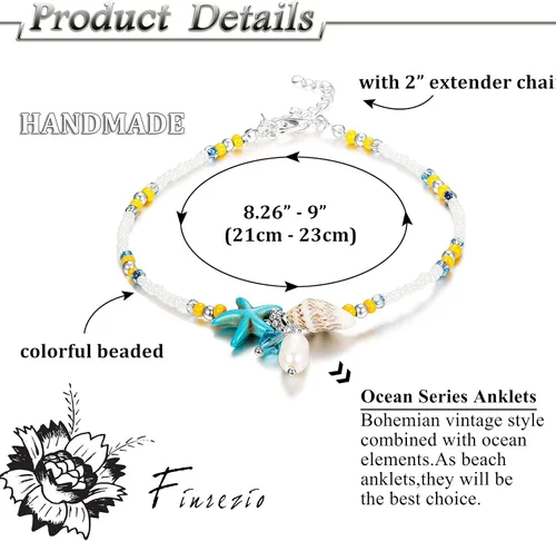 Vista 3 de Finrezio 8-12PCS Anklets for Women Girls Adjustable Boho Turtle Starfish Beach Ankle Bracelets Foot Jewelry Set Handmade