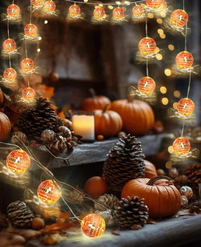 Vista 2 de AceList Bola de discoteca naranja decorativa con 20 LED, luz de cuerda de 9.8 pies - Funciona con pilas y enchufe USB, decoración de otoño