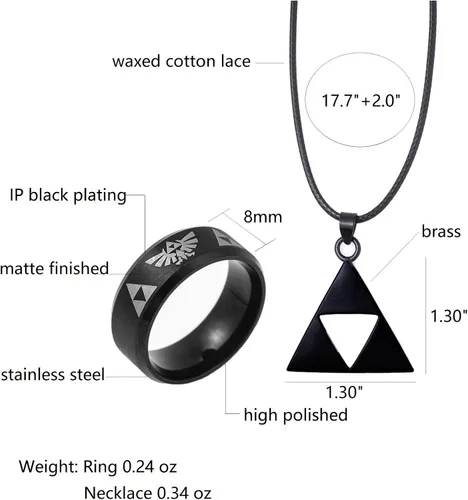 Vista 7 de Anillo de acero inoxidable para hombres, collar con colgante triangular, juego de joyas de cosplay para entusiastas