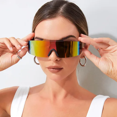 Vista 3 de YAMEIZE Gafas de sol envolventes de una pieza, protección futurista sin montura con protección UV, gafas de sol deportivas para mujeres y hombres