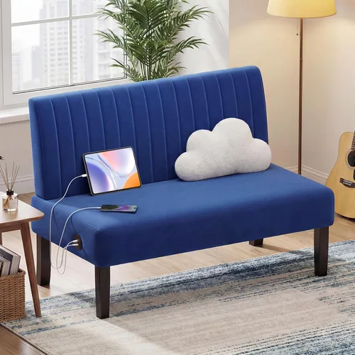 Vista 11 de STHOUYN Mini sofá pequeño de cuero negro de 43 pulgadas de ancho, sofá biplaza sin brazos para dormitorio con puerto USB, sofás pequeños