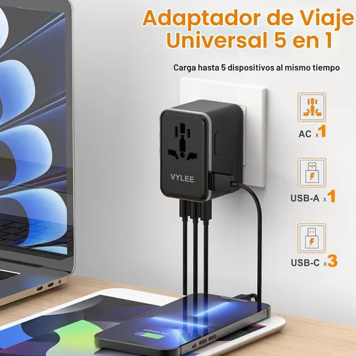 Vista 2 de Adaptador de Viaje Universal, VYLEE Adaptador de Enchufe Internacional de 45W con Carga Rápida PD, 5 Puertos (1 AC/1 USB-A/3 USB-C), Cargador