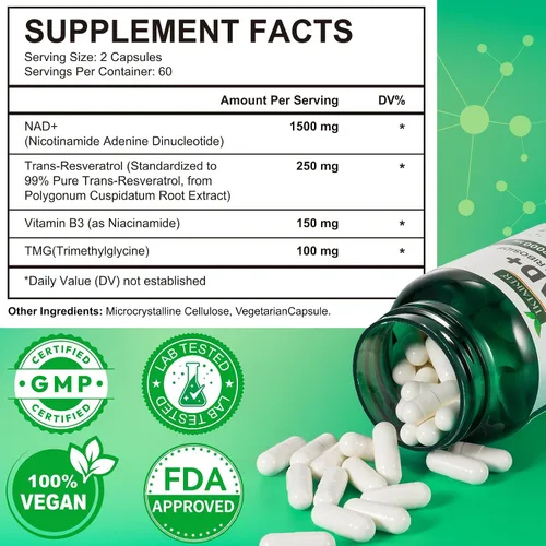 Vista 2 de Suplemento NAD+ de 2000 mg extra fuerte para mujeres y hombres, 120p