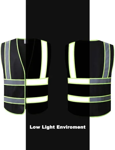 Vista 4 de Tekware Chaleco de seguridad con tiras altamente reflectantes, paquete de 10 protectores de construcción de color neón brillante con cremallera Negro