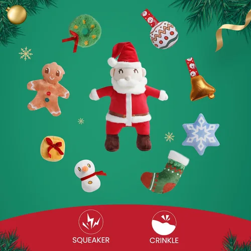 Vista 3 de Nocciola Hide and Seek - Juguetes de Navidad para perros de Papá Noel: 9 paquetes de regalos de vacaciones divertidos rellenos chirriantes arrugados