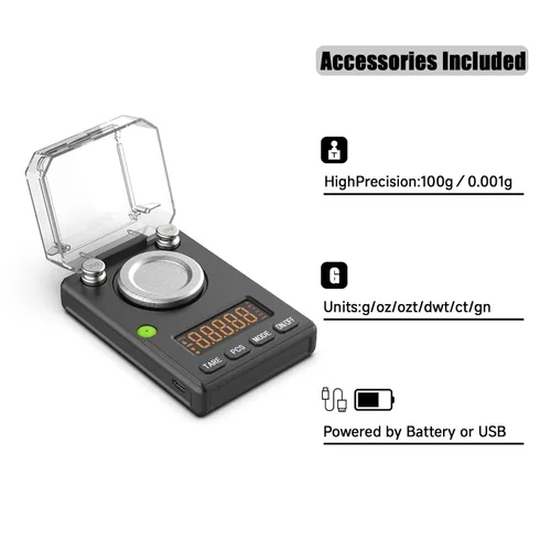 Vista 8 de Báscula de miligramos de 3.53 oz x 0.00 oz, escala de polvo MG con apagado automático seleccionable, nivel de burbuja integrado, peso de calibración