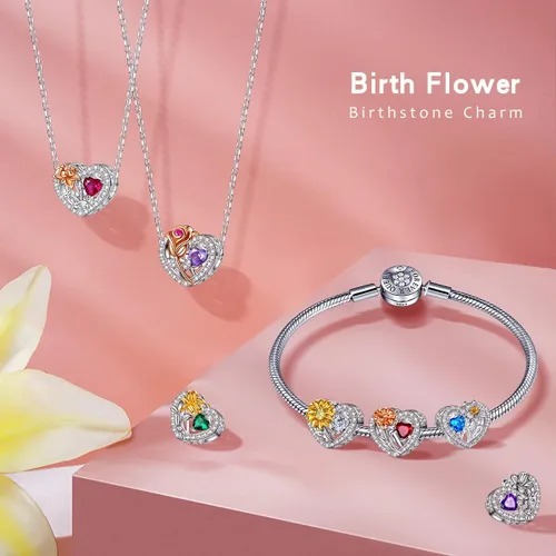 Vista 4 de Dije de flor de nacimiento para pandora, pulseras, collar, plata de ley 925, dije de amor, cumpleaños, día de la madre, Navidad, regalos