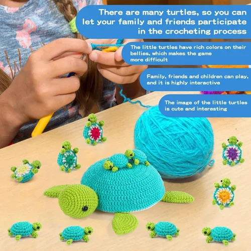Vista 5 de FOUSNOW Kit de ganchillo para principiantes, kit de 21 piezas de animales de ganchillo de la familia de tortugas para adultos, juego de memoria a