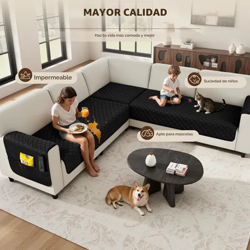 Vista 5 de Arfntevss Fundas impermeables para sofá modular de esquina para perros y mascotas, funda de sofá en forma de L, lavable de terciopelo grande Negro