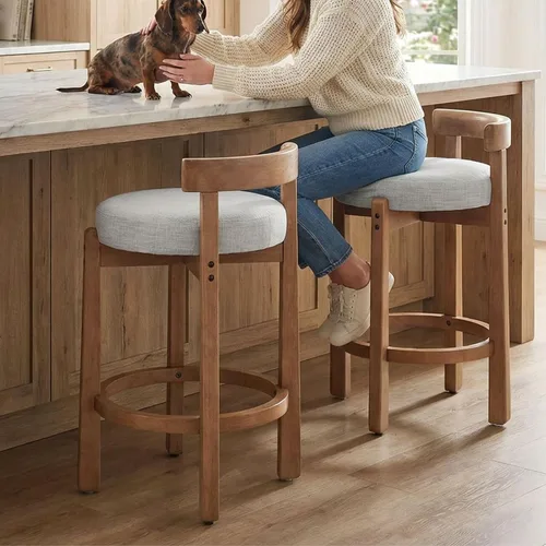 Vista 10 de LukeAlon Mid Century Linen Taburete Individual de Mostrador, Tapizado de 26.5" de Altura de Asiento, Taburetes Bajos con Patas de Madera Natural