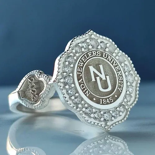 Vista 2 de Ssjewel Customized Women Class Rings University Logo Ring Personalized Jewelry Men Women High School Ring 14K White Gold Finish Silver Class Rings