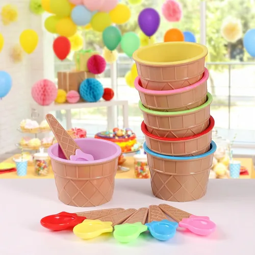 Vista 3 de 6 Pack Plastic Ice Cream Bowls With Spoons,Ice Cream Party Decorations