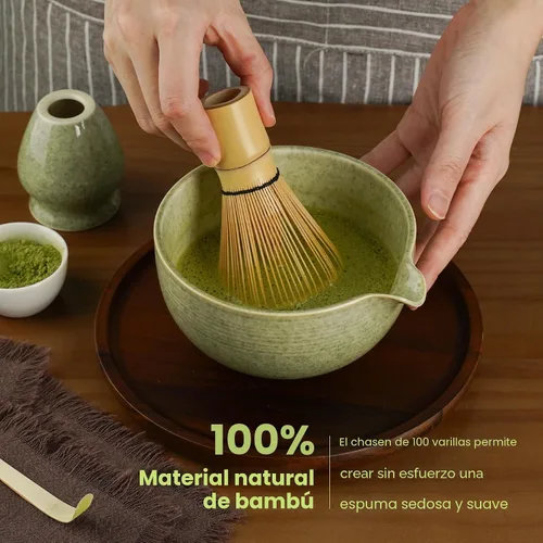 Vista 4 de Juego de batidor de matcha, kit de cerámica y cazador de bambú hecho a mano Complete 5 Pcs Matcha Set Whisk and Bowl, Stainless Steel Sifter
