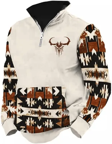 Vista 8 de LOAIHA Native American - Sudadera con capucha para hombre, manga larga, cremallera de 1/4, chaqueta vaquera