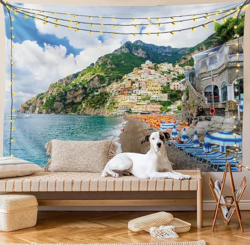 Vista 9 de Lunarable Tapiz de la costa de Amalfi, tumbonas y sombrillas en la playa, casas de pueblo antiguo Positano on Campania, Italia, decoración de tela