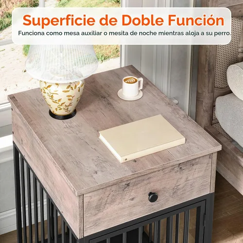 Vista 7 de HOOBRO Muebles de jaula para perros, casa de madera para perros, perrera decorativa con cajón, mesa auxiliar de jaula de interior para perros