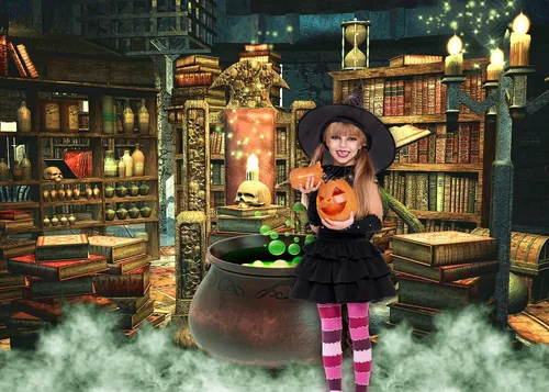 Vista 3 de Fondo de fotografía de Halloween, bruja, caldero mágico, estantería en habitación espeluznante, decoración de fiesta, fondo de retrato de vinilo
