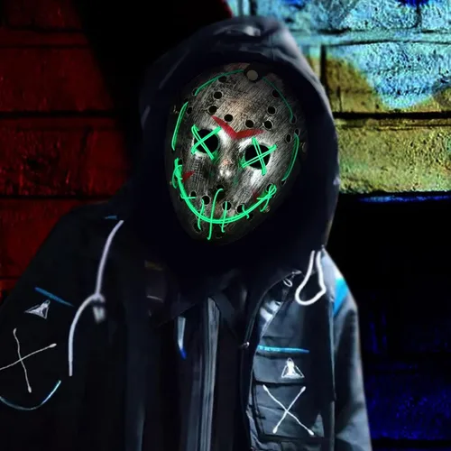 Vista 4 de SUTOTAC Máscara facial brillante de Jason de Halloween máscara de hockey de terror con luz LED máscara de cosplay para fiesta de disfraces