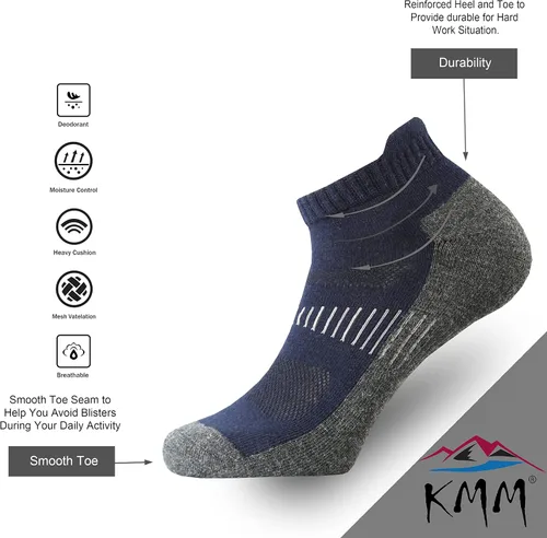 Vista 3 de KMM Calcetines tobilleros de lana merina para hombre con cojín de lengüeta baja para verano para senderismo al aire libre, golf, mocasín, tenis