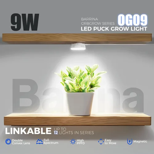 Vista 2 de Barrina Orbgrow OG09 Puck - Luz LED de crecimiento, 5000K 9W (equivalente a 135 vatios), luces de plantas para plantas de interior de espectro