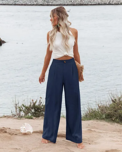 Vista 4 de Angerella Pantalones de pierna ancha para mujer, cintura alta elástica en la espalda, pantalones de trabajo de negocios, pantalones largos casuales
