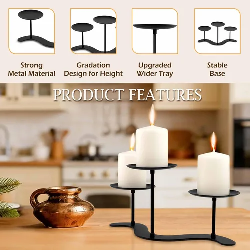 Vista 3 de Candelabro de hierro de 3 brazos - 10 pulgadas ondulado para velas de pilar Marco de metal duradero con 3 plataformas escalonadas, acabado negro