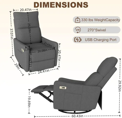 Vista 2 de Power Swivel Recliner Chair, Nursery Rocking Chairs, Gray Dark Gray