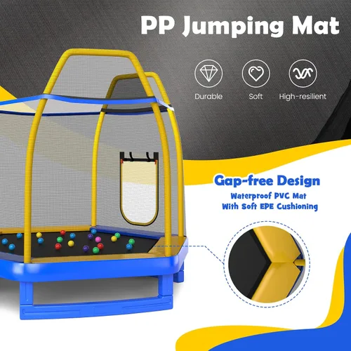 Vista 5 de GYMAX Trampolín para niños, cama elástica de 7 pies aprobada por ASTM con tobogán, escalera, pelotas y tapetes oceánicos, trampolín recreativo
