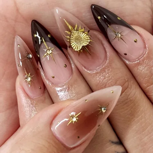 Vista 33 de NBNTGH Uñas postizas a presión de punta francesa blanca, uñas postizas de línea dorada, uñas postizas medianas con diseño de almendra, uñas postizas