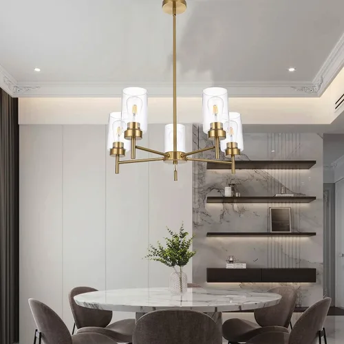 Vista 5 de Candelabro de granja de 5 luces para comedor, isla de cocina, modernos candelabros colgantes de latón cepillado con pantallas de vidrio transparente
