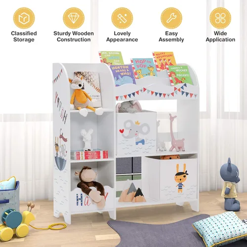 Vista 5 de HONEY JOY Organizador de almacenamiento de juguetes para niños, unidad de almacenamiento de madera con 2 cajas, estantería de exhibición para niños