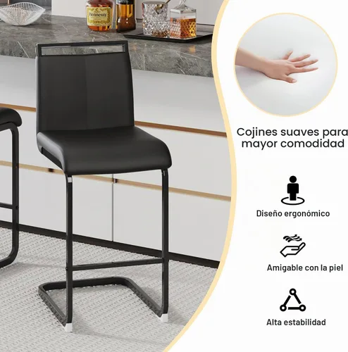 Vista 4 de gopop Juego de 2 taburetes de bar de altura de mostrador con respaldo, taburetes de cocina de cuero sintético negro con patas de metal recubierto