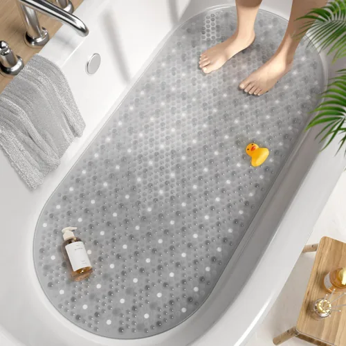 Vista 10 de HITSLAM Tapete antideslizante para bañera, 27 x 15 pulgadas, con ventosas y orificios de drenaje, lavable a máquina, ovalado, para niños, personas