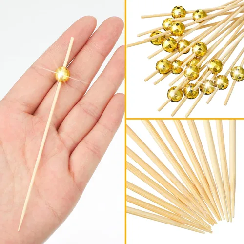 Vista 4 de Hushee 300 palillos de dientes decorativos de bola de discoteca para aperitivos, brochetas de bambú elegantes para bebidas, bodas, discotecas