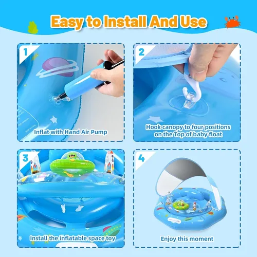 Vista 6 de Flotador de piscina para bebé con toldo y consola de juguetes, asiento seguro ajustable, parasol UPF50+ extraíble, flotador de piscina infantil