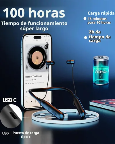 Vista 5 de ZXQ Auriculares inalámbricos Bluetooth con banda para el cuello, auriculares inalámbricos Bluetooth alrededor del cuello, 100 horas de tiempo