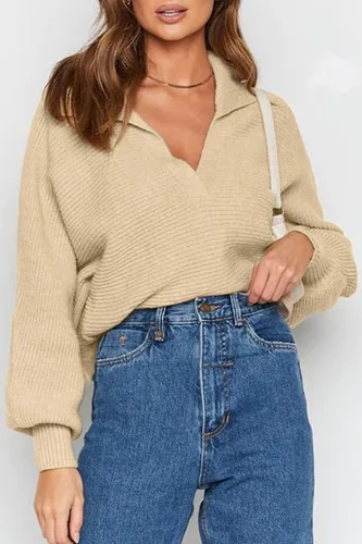 Vista 4 de CHYRII - Suéter de punto tipo polo con manga larga abombada y cuello en V para mujer, extra grande