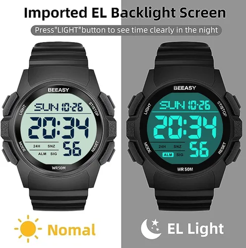 Vista 5 de Beeasy Reloj deportivo digital para hombre, reloj impermeable con cronómetro, temporizador de cuenta regresiva, función de alarma, correa de goma