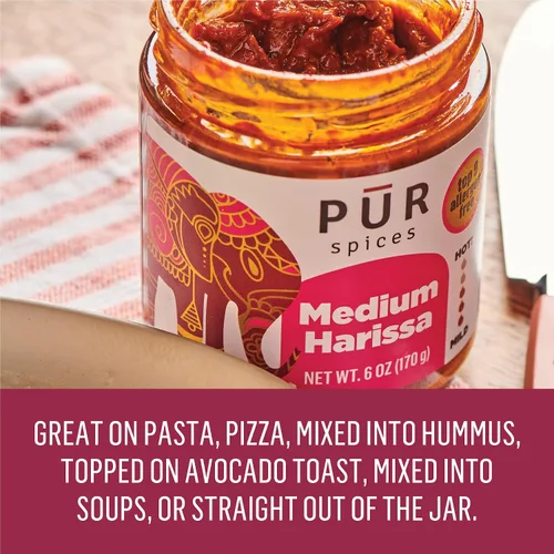 Vista 7 de PUR Spices Pasta Harissa mediana I Salsa picante para cocinar y sumergir I Pasta picante de ají y ajo Inspirado en Oriente Medio A base