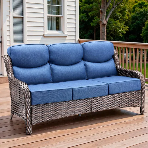 Vista 22 de Sofá de lujo para patio al aire libre, sofá de mimbre resistente para todo tipo de clima, sofá de 3 plazas con asiento profundo y funda extraíble